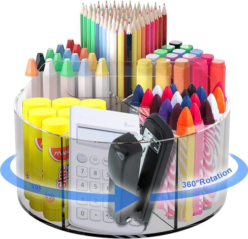 Acrylic Pen Holder 360 Degree Rotating Clear Pencil Organizer with 6 Compartments Art Supply Kids Crayon Marker Spinning Storage Rack for School Home Office in Kuwait