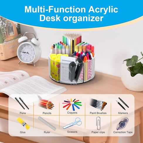 Acrylic Pen Holder 360 Degree Rotating Clear Pencil Organizer with 6 Compartments Art Supply Kids Crayon Marker Spinning Storage Rack for School Home Office in Kuwait