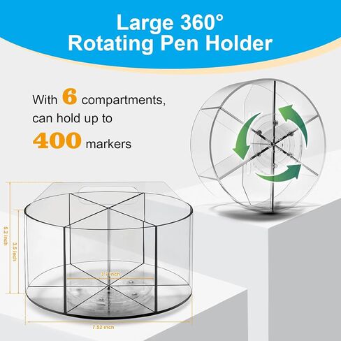 Acrylic Pen Holder 360 Degree Rotating Clear Pencil Organizer with 6 Compartments Art Supply Kids Crayon Marker Spinning Storage Rack for School Home Office in Kuwait