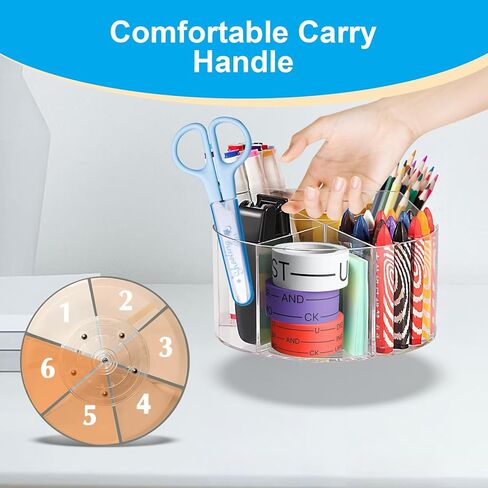 Acrylic Pen Holder 360 Degree Rotating Clear Pencil Organizer with 6 Compartments Art Supply Kids Crayon Marker Spinning Storage Rack for School Home Office in Kuwait