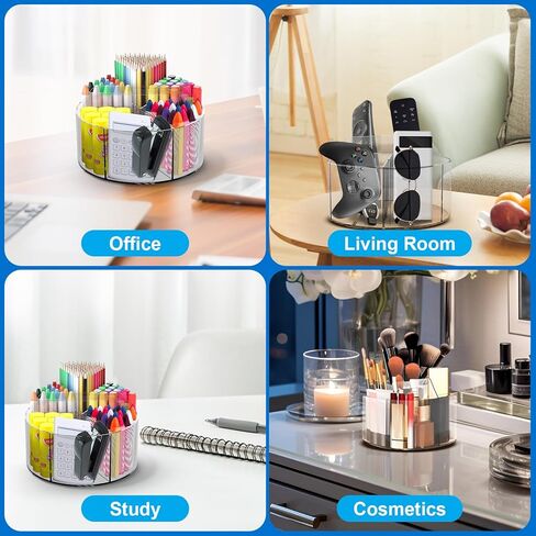 Acrylic Pen Holder 360 Degree Rotating Clear Pencil Organizer with 6 Compartments Art Supply Kids Crayon Marker Spinning Storage Rack for School Home Office in Kuwait