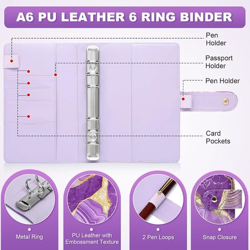 Toplive A6 Refillable Notebook Binder PU Leather 6 Ring Budget Binder Organizer for A6 Filler Paper, Loose Leaf Personal Planner Binder Cover, Marble Purple in Saudi Arabia