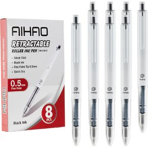 AIHAO Liquid Ink Rollerball pens, Black ink Fine Point 0.5mm, Retractable Rolling Ball Pen, 8ct, Quick Drying for Smooth Writing, Journaling, Note taking, Silent Click Pen.
