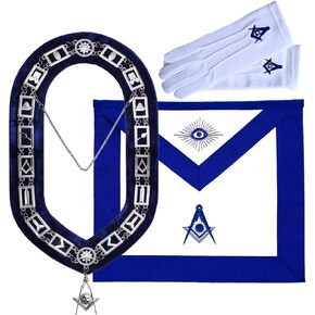 Masonic Regalia Blue Lodge Officer Senior Deacon Apron, Silver Chain Collar & Gloves set