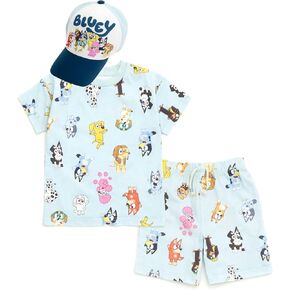 Bluey Drop Shoulder T-Shirt French Terry Shorts and Adjustable Snapback Baseball Cap 3 Piece Outfit Set Toddler to Big Kid
