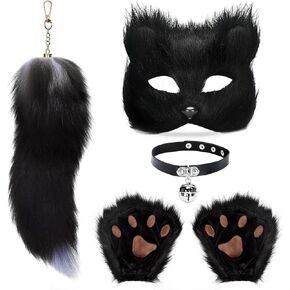 Therian Mask and Tail Set Cat Mask for Girls Halloween Furry Mask Fox Mask Wolf Tail Cat Costume Cosplay Party