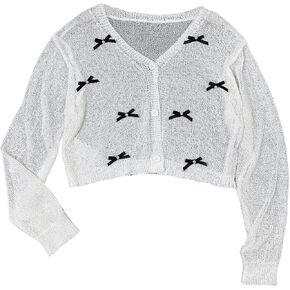 WDIRARA Girl's Bow Front Mesh Sheer Long Sleeve Ribbed Knit Cardigan Sweater