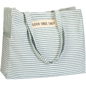 Folkulture Beach Bag For Women | 17 x 14 Inch - 100% Cotton Beach Tote Bag With Zipper, Large Woven Pool Bag, Cute Travel Beach Bag or Packable Canvas Beach Bag | Beach Accessories (Vibes Black) in Kuwait