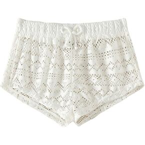 SHENHE Girl's Swimsuit Cover Up Shorts Hollow Out Drawstring Waist Sheer Beach Short