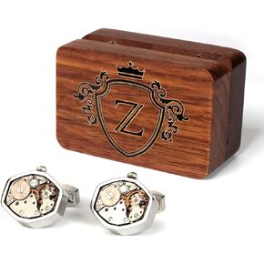 Mens Cufflinks Watch Movement Shape Silve Cuff Links with Initial Walnut Wood Box for Husband Boy Friend Groom Groomsman Wedding