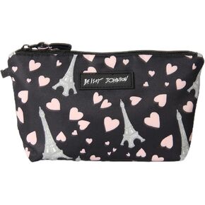 Betsey Johnson 8.5 Inch Zipper Cosmetic Pouch Small Toiletry Bag Lightweight Durable Polyester Organizer with Inner Zipped Pocket Good For Makeup Accessories and Travel Needs (Stripe Roses)