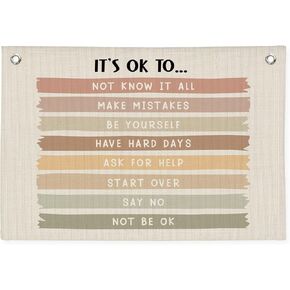 Positive Affirmations Wall Decor, It‘s Ok To Banner, Neutral Boho Canvas Banner Wall Hanging Banner Flag Decor, Inspirational Kids Classroom Decor