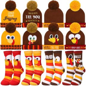 8 Pcs Thanksgiving Turkey Trot Costume Set 4 Pcs Turkey Beanie Hat 4 Pcs Turkey Socks Beanie Hat Funny Knitted Cap Turkey Ankle Socks for Adults Men Women Thanksgiving Cosplay