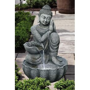 Hi-Line Gift Ltd. 32" H Sitting Buddha Fountain with White LED, Gray, Large