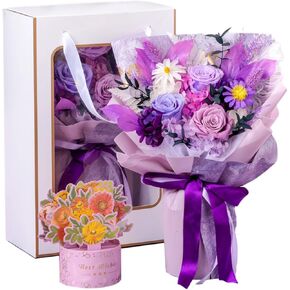 Preserved Flower Bouquet for Delivery Prime, Hand Made Purple Fresh Bouquet with Pop Up Greeting Card, Real Forever Rose That Last 1-3 Years, Gifts for Mother's Day, Anniversary, Birthday