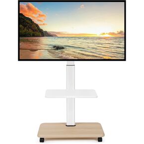 Rolling TV Stand for 32-70 Inch Flat Curved LED LCD OLED Screens up to 100lbs Height Adjustable Mobile TV Cart with Lockable Wheels & Laptop Shelf for Bedroom Outdoor Office Small Dorm White