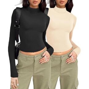 Zeagoo Women Turtleneck Long Sleeve Shirt Slim Fitted T-Shirts Basic Crop Tops 2024 Fashion Casual Thermal Shirts