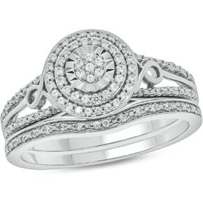 1/4cttw Diamond Round Cluster Double Halo Engagement Ring with Matching Diamond Wedding Band for Women in 925 Sterling Silver, Women's Silver Wedding Ring Set with Diamond Accented Bands