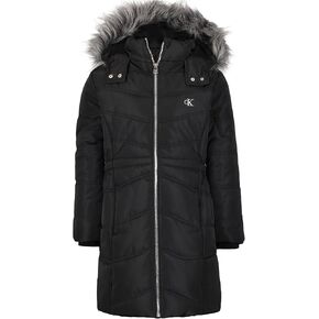 Calvin Klein Girls' Hooded Winter Puffer Jacket, Full-Length Heavy Weight Coat with Fleece Lining, Aerial Black, 12-14