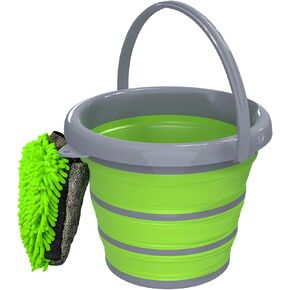 Collapsible Car Wash Bucket with Microfiber Mitt, 10L (2.6 Gallon) Portable Water Bucket with Handle for Car Wash Household Cleaning, Multiuse Collapsible Water Bucket and Car wash mitt - Green