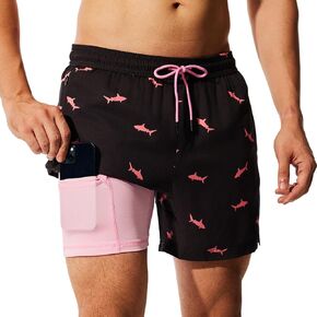 NIMENJOJA Mens 5" Swim Trunks with Compression Liner Stretch Board Shorts Quick Dry Zipper Pockets Beach Shorts