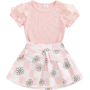 Toddler Girl Summer Clothes Kids Outfit Floral Mesh Short Sleeve Ribbed Tops + Pleated Skirt Set 2T 3T 4T 5T