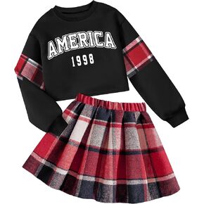 Girls 2 Piece Outfits Letter Print Long Sleeve Pullover Cute Sweatshirt Tops and Plaid Mini Skirt Set