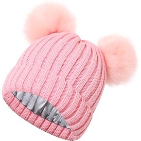 Roniky Womens Winter Hat Cable Knit Silk Satin Lined Beanie for Women Girls Double Faux Fur Pom Pom Ears