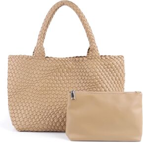 Woven Tote Bag for Women Vegan Leather Large Capacity Travel Handbag and Purse Foldable Retro Handmade Shoulder Bag