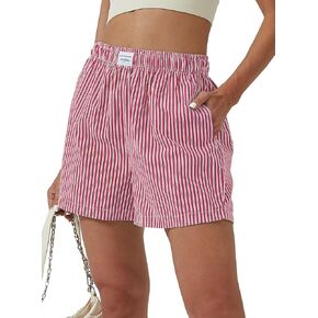 XinYangNi Women's Casual Striped Print Shorts Elastic High Waisted Straight Leg Bermuda Shorts with 2 Pockets