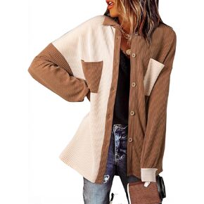 EVALESS Lightweight Jackets for Women Trendy Long Sleeve Button Down Knit Shacket Jacket Fall 2024 Color Block Shirts Clothes