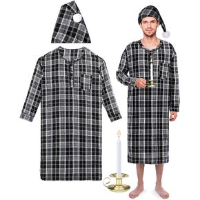 4 Pcs Men's Cotton Flannel Nightshirt Set Include Mens Flannel Long Sleeve Nightgown Sleeping Cap Candle and Holder