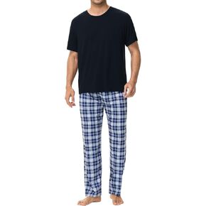 SWOMOG Mens Pajama Set Soft Short Sleeve Sleepwear with Long Plaid Lounge Pants 2 Pieces Pj Set with Pockets Nightwear