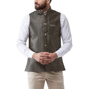 Sojanya (Since 1958, Men's Silk Blend Magenta & Gold Self Design Nehru Jacket