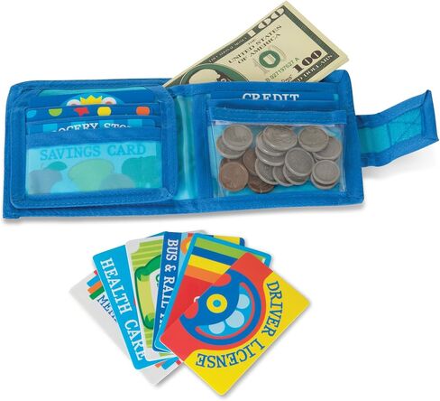 Melissa & Doug Pretend-to-Spend Toy Wallet With Play Money and Cards (45 pcs), Blue - FSC Certified in Saudi Arabia