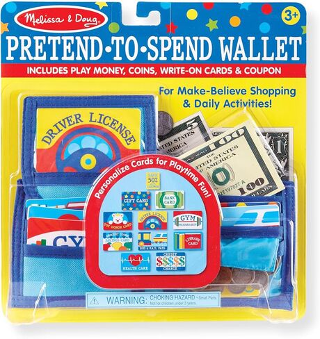 Melissa & Doug Pretend-to-Spend Toy Wallet With Play Money and Cards (45 pcs), Blue - FSC Certified in Saudi Arabia