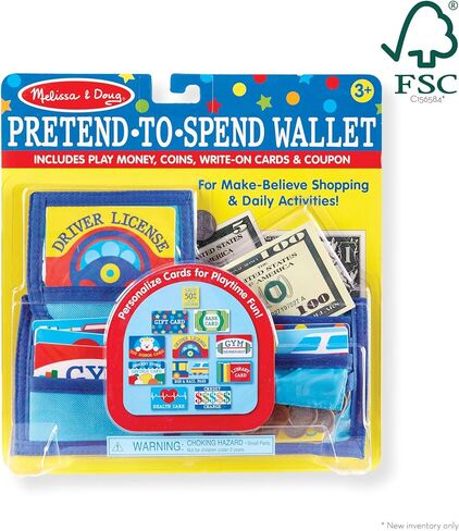 Melissa & Doug Pretend-to-Spend Toy Wallet With Play Money and Cards (45 pcs), Blue - FSC Certified in Saudi Arabia