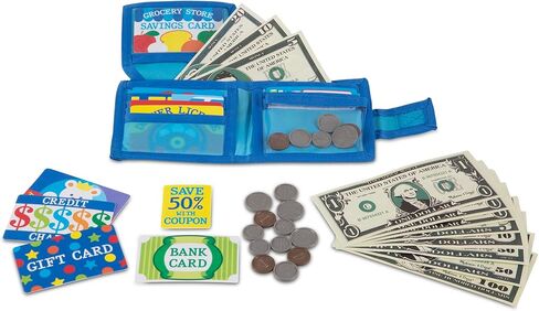 Melissa & Doug Pretend-to-Spend Toy Wallet With Play Money and Cards (45 pcs), Blue - FSC Certified in Saudi Arabia