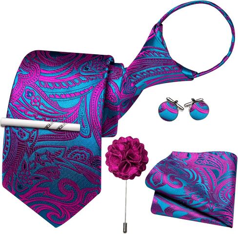 Barry.Wang Men Zipper Ties Extra Long Lapel Pin Tie Clip Set Stripe/Paisley Pre-Tied Necktie Pocket Square Cufflinks Wedding in Saudi Arabia