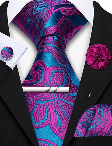 Barry.Wang Men Zipper Ties Extra Long Lapel Pin Tie Clip Set Stripe/Paisley Pre-Tied Necktie Pocket Square Cufflinks Wedding in Saudi Arabia