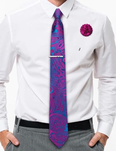 Barry.Wang Men Zipper Ties Extra Long Lapel Pin Tie Clip Set Stripe/Paisley Pre-Tied Necktie Pocket Square Cufflinks Wedding in Saudi Arabia
