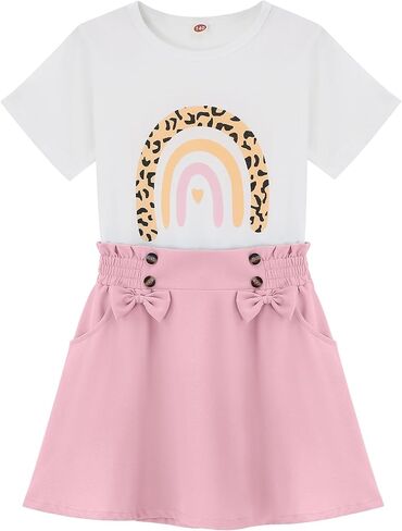 Girls 2pcs Cute Color Printed Short Sleeve Shirt and Elastic High Waist Bow A-line Skirt Sets in Saudi Arabia