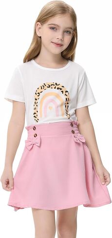 Girls 2pcs Cute Color Printed Short Sleeve Shirt and Elastic High Waist Bow A-line Skirt Sets in Saudi Arabia