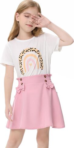 Girls 2pcs Cute Color Printed Short Sleeve Shirt and Elastic High Waist Bow A-line Skirt Sets in Saudi Arabia