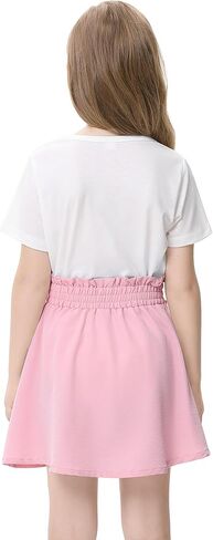 Girls 2pcs Cute Color Printed Short Sleeve Shirt and Elastic High Waist Bow A-line Skirt Sets in Saudi Arabia