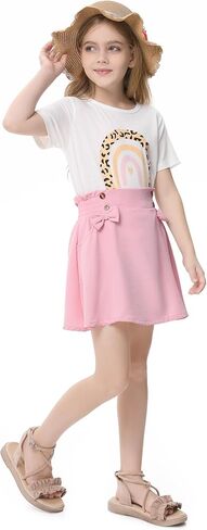Girls 2pcs Cute Color Printed Short Sleeve Shirt and Elastic High Waist Bow A-line Skirt Sets in Saudi Arabia