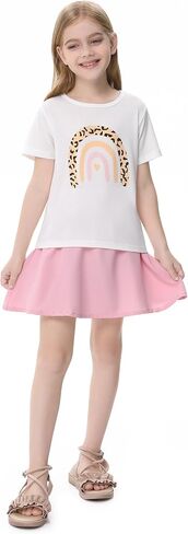 Girls 2pcs Cute Color Printed Short Sleeve Shirt and Elastic High Waist Bow A-line Skirt Sets in Saudi Arabia