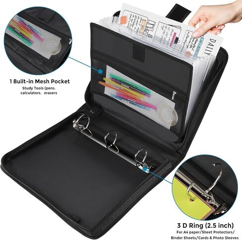 KTRIO Zipper Binder, 3 Ring 2.5 Inch Binder Organizer with Zipper, School Binder with Shoulder Strap, Portfolio Binder, Zip Up Binder with Strap with Handle and 2 Pockets, Black and Grey in Saudi Arabia
