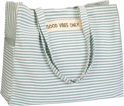 Folkulture Beach Bag For Women | 17 x 14 Inch - 100% Cotton Beach Tote Bag With Zipper, Large Woven Pool Bag, Cute Travel Beach Bag or Packable Canvas Beach Bag | Beach Accessories (Vibes Black) in Kuwait