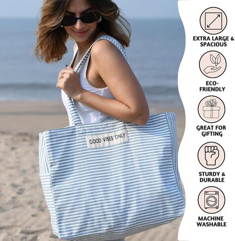 Folkulture Beach Bag For Women | 17 x 14 Inch - 100% Cotton Beach Tote Bag With Zipper, Large Woven Pool Bag, Cute Travel Beach Bag or Packable Canvas Beach Bag | Beach Accessories (Vibes Black) in Kuwait